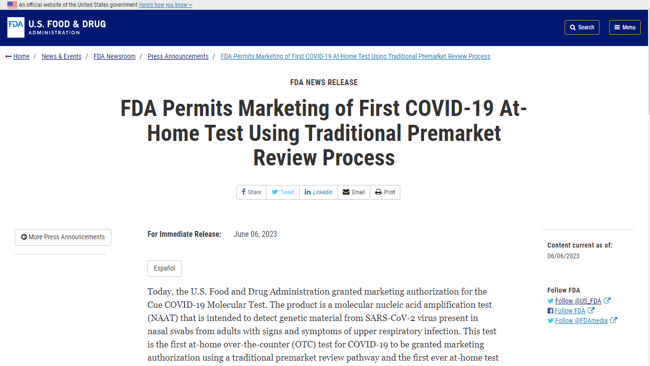 文章配图:快讯 | FDA批准首个COVID-19 Home Test产品上市授权