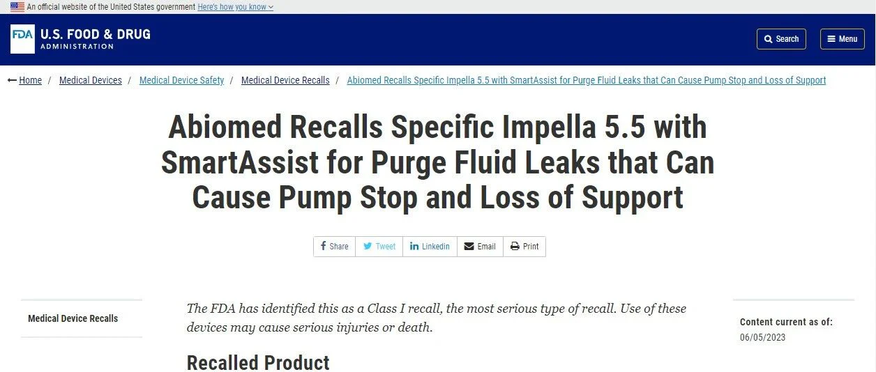 快讯 | 强生新收购公司心脏泵类产品遭FDA I级 召回