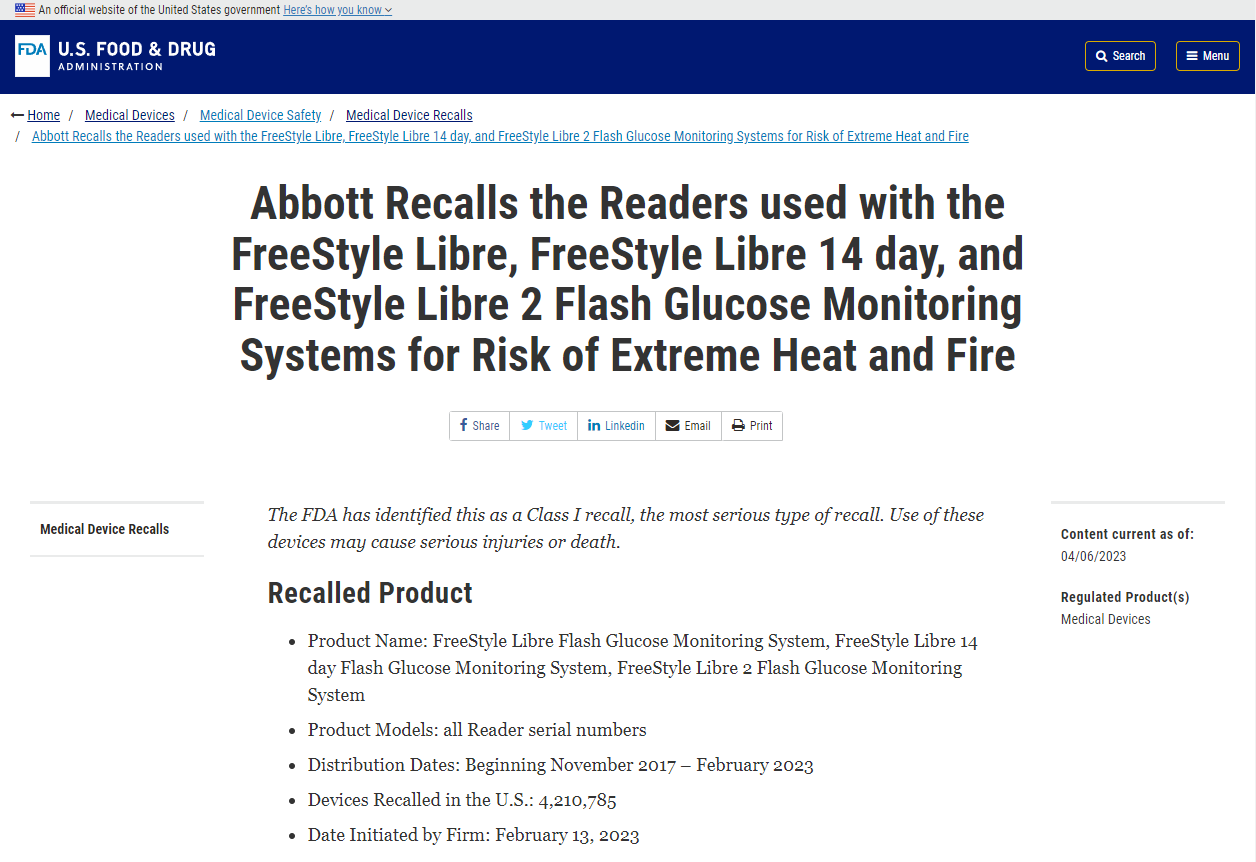 文章配图:快讯 | 美国FDA发布雅培FreeStyle Libre部分产品召回通知,420万台设备面临召回?