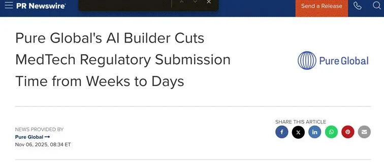 普瑞纯证发布革命性 AI Builder,医疗器械海外注册周期缩短 75%,获雅虎财经、美通社等全球权威媒体聚焦