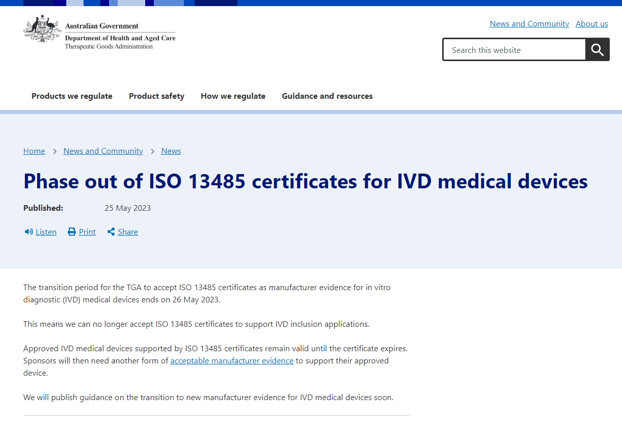 文章配图:快讯 | IVD产品进入澳大利亚,ISO 13485将不作为制造商证据?