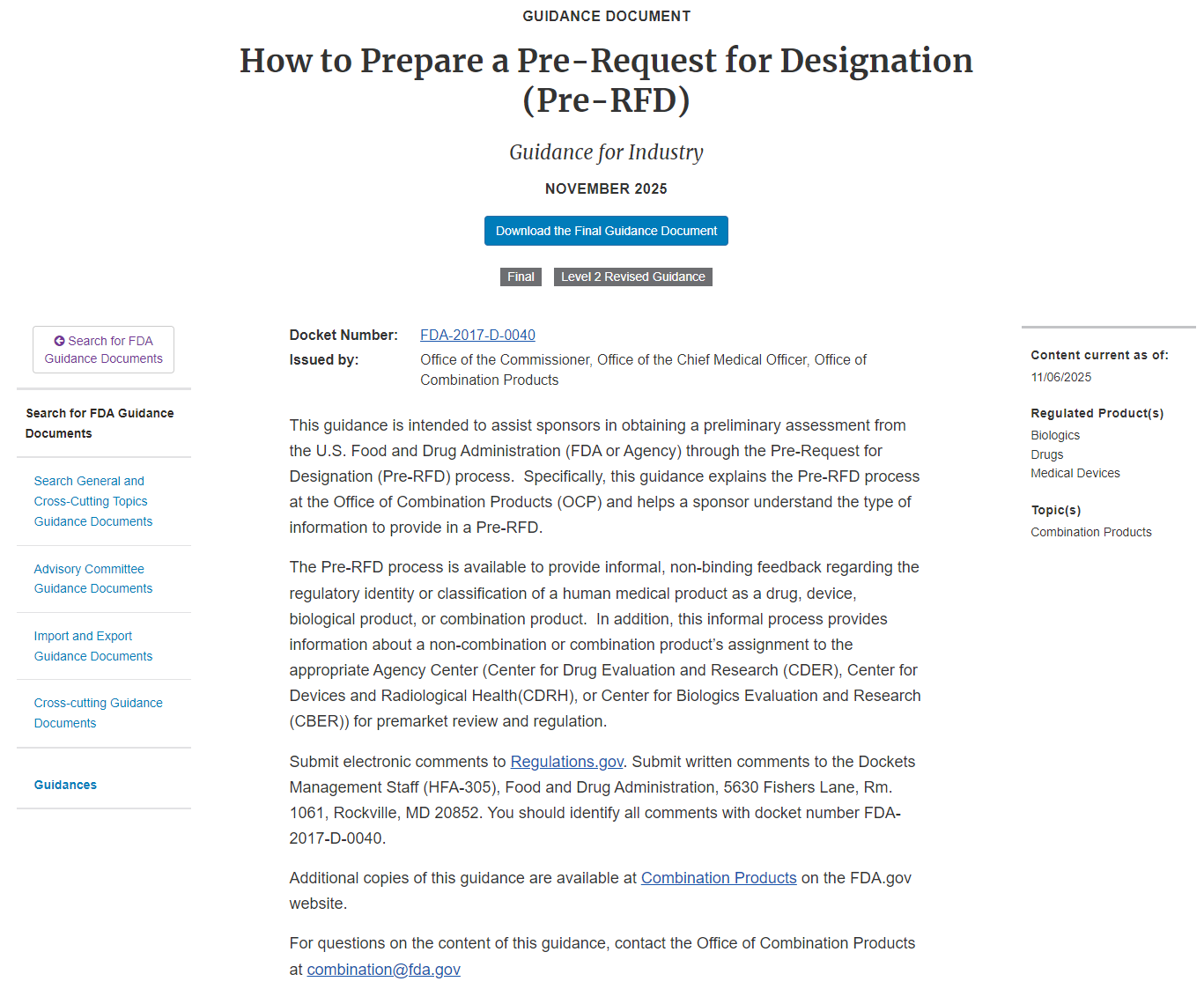 文章配图：FDA更新Pre-RFD指南：提升组合产品分类透明度与效率