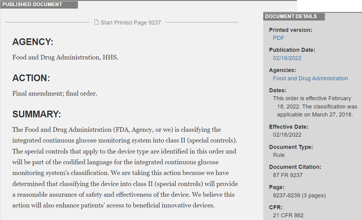 文章配图：FDA 医疗器械最新分类 | 集成血糖持续检测系统