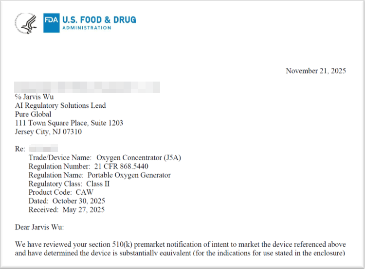 文章配图:普瑞纯证助力械企斩获制氧机和输尿管鞘高难度FDA 510(k)认证